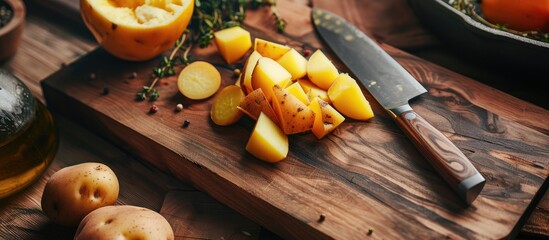 A wooden cutting board is displayed with a variety of fruits sliced into neat pieces. The fruits include apples, oranges, bananas, and strawberries, ready for consumption or further use in cooking.