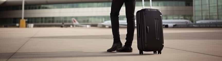Low section of businessman walking with suitcase at airport terminal, panorama. Travel and business concept. Travel and tourism concept with copy space. Travel concept  - Powered by Adobe