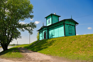 Historic wooden building, water gauge in Korzeniewo, Pomeranian Voivodeship, Poland.