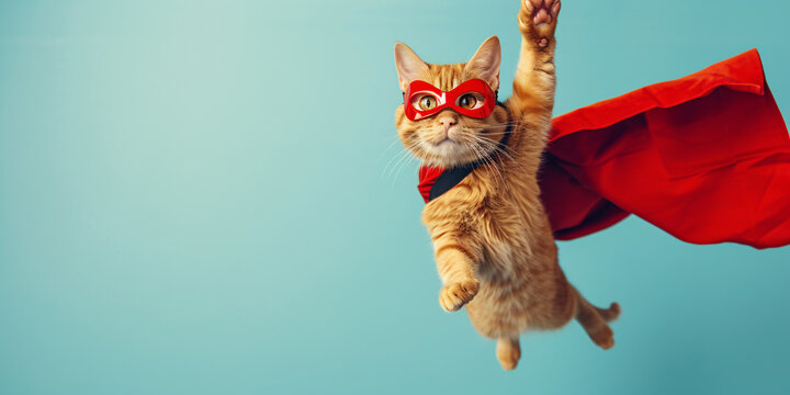 Superhero Cat in Flight: A Brave Feline with a Red Cape and Mask Against a Vibrant Blue Sky