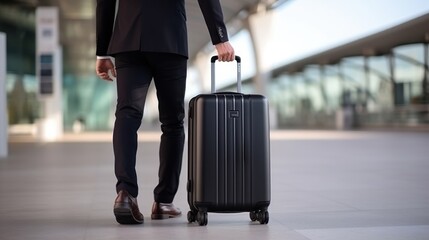 Businessman with suitcase at airport. Travel and business concept. Travel and tourism concept with copy space. Travel concept with copy space. Travelling. 
