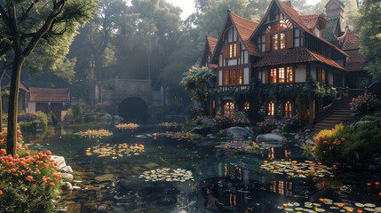 A tudor house with a bamboo garage and a zen garden with a pond. - obrazy, fototapety, plakaty