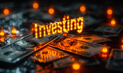 Neon-lit Investing sign positioned on a bed of hundred dollar bills illuminates the concept of finance, wealth management, and capital investment