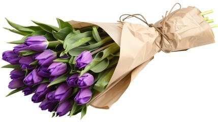 a stunning purple featuring delicate purple tulips elegantly wrapped in floral paper, with ample empty space around the bouquet for adding text or messages.
