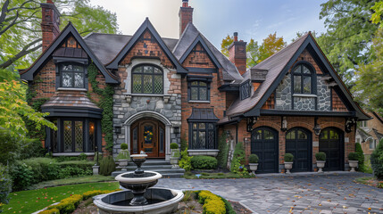 A tudor house with a brick garage and a fountain in the driveway. - obrazy, fototapety, plakaty
