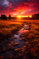 Fall's Grand Finale: An ethereal Autumn sunset over picturesque landscape