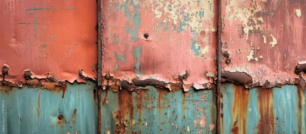 Poster a detailed view of a weathered metal panel with chipped paint, showcasing a unique pattern of rust a