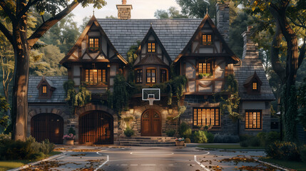 A tudor house with a concrete garage and a basketball hoop on the side. - obrazy, fototapety, plakaty