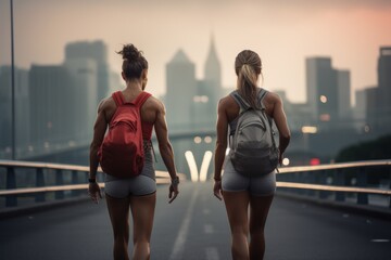 Sport women rucking and walking at street in modern city. View from back. - obrazy, fototapety, plakaty