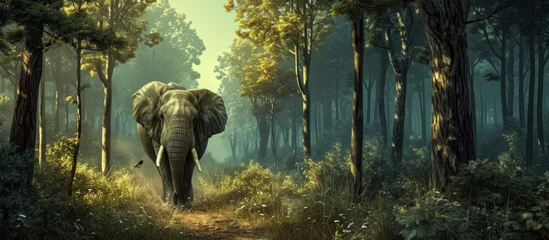 Keuken spatwand met foto A bull elephant with its majestic trunk is navigating through the dense greenery of a natural landscape filled with lush plants and towering trees. © TheWaterMeloonProjec