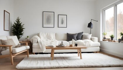 Fototapeta na wymiar Scandinavian-style living room adorned with minimalist charm and natural elements.