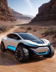 A sleek white electric SUV tackles the rugged terrain of a desert landscape. This concept vehicle combines sustainable energy with adventurous design for harsh environments.