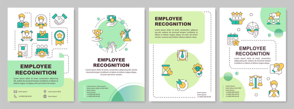Employee recognition green brochure template. Leaflet design with linear icons. Editable 4 vector layouts for presentation, annual reports. Arial-Black, Myriad Pro-Regular fonts used