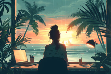 A woman office worker sits at her desk and dreams of vacation.
