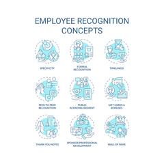 Employee recognition soft blue concept icons. Team member appreciation. Workplace culture. Worker encouragement, motivation. Icon pack. Vector images. Round shape illustrations. Abstract idea