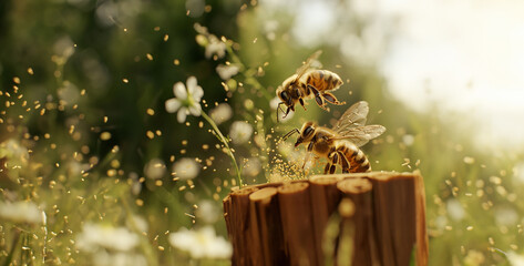 bee and honey, Bee Pollen Basket Full A bee returns to its hive with pollen-laden legs, highlighting the vital role of bees in pollination and food production photography
