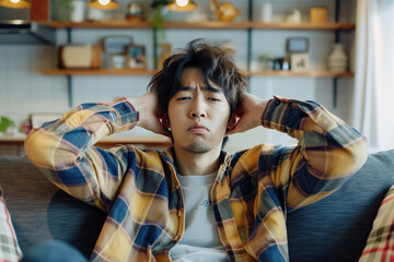Dissatisfied and angry young Japanese man sitting on sofa at home and covering ears from excessive noise