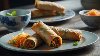 Fototapeta na wymiar A close-up of scrumptious spring rolls on a ceramic plate with fresh herbs and carrot shreds