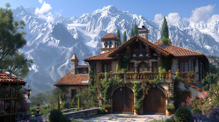 A tudor house with a stucco garage and a balcony with a view of the mountains. - obrazy, fototapety, plakaty
