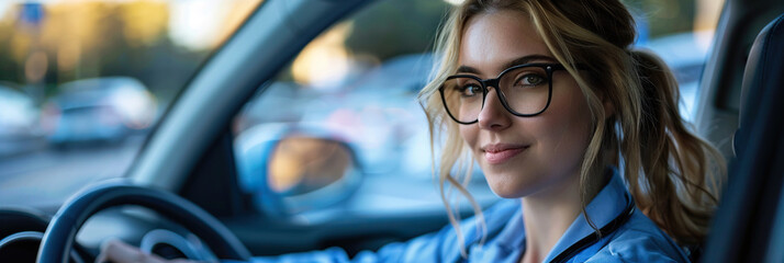 Female nurse sitting in car, going home from work. Female doctor driving car to work, on-call duty. Work-life balance of healthcare worker.
