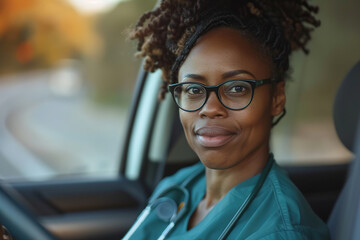 Female nurse sitting in car, going home from work. Female African American doctor driving car to work, on-call duty. Work-life balance of healthcare worker. - obrazy, fototapety, plakaty