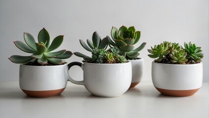 Three green succulent plants potted in modern white ceramic cups, displayed on a clean white table - obrazy, fototapety, plakaty
