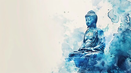 Serene Buddha statue in watercolor shades of blue with abstract background. Greeting card, banner with place for text