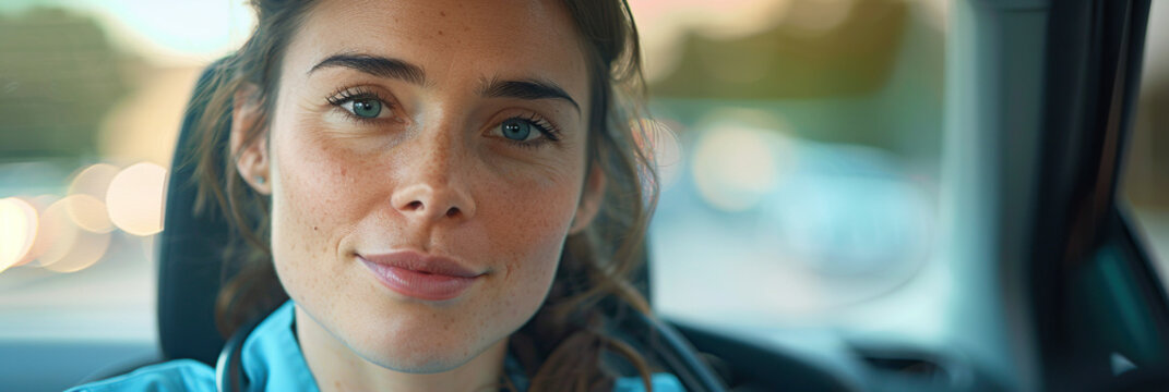 Female nurse sitting in car, going home from work. Female doctor driving car to work, on-call duty. Work-life balance of healthcare worker. - Powered by Adobe