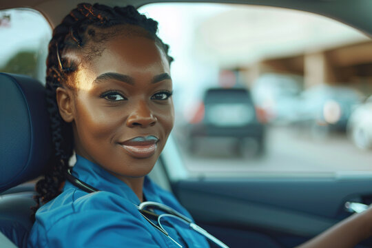 Female nurse sitting in car, going home from work. Female African American doctor driving car to work, on-call duty. Work-life balance of healthcare worker.