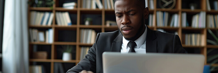 Focused African American business man typing at laptop in office closeup. Guy surfing internet