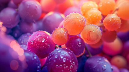 macro shot of delicious sweet grapes covered with crystal-like condensation drops  - obrazy, fototapety, plakaty