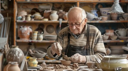 Senior men in his ceramics workshop modeling clay. Hobby after retirement concept.