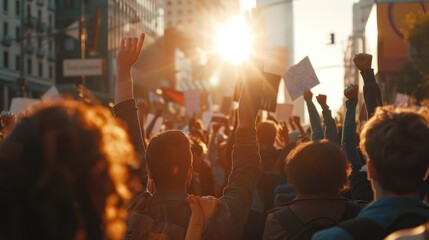 Protesting crowd of people on city street.