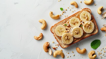 On a white table, toast with cashews, banana slices, and nut butter with top view and space for text, Generative AI. - obrazy, fototapety, plakaty