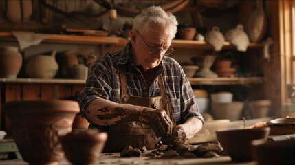 Senior men in his ceramics workshop modeling clay. Hobby after retirement concept.
