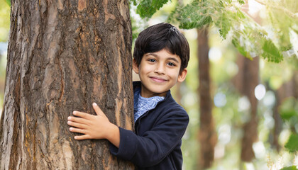 Net zero and carbon neutral concept. Child hugging a tree in the outdoor forest