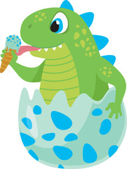 Cute little baby dinosaur sitting in the egg and eating ice cream.