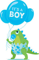 Cute baby boy dinosaur character holding blue balloons for baby boy shower
