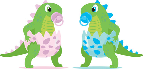 Cute baby girl and boy dinosaur characters for baby shower and gender reveal party - 747199881