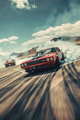Drift cars with lots of smoke from burning tires on the track generated AI