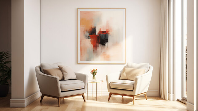 Bright and Airy Living Room with Two Gray Armchairs and Modern Abstract Painting