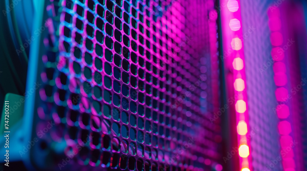 Poster A closeup of the tower fans filter highlighted by its white mesh material and the accumulated dust particles.