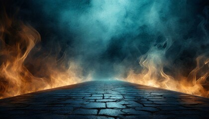 "Eerie Street Ambiance: Empty Dark Scene with Burning Flame on Asphalt Texture"