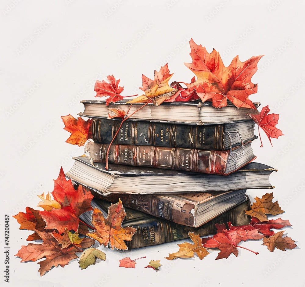 Poster fall's favorite reads a stack of books with a touch of autumn leaves generative ai