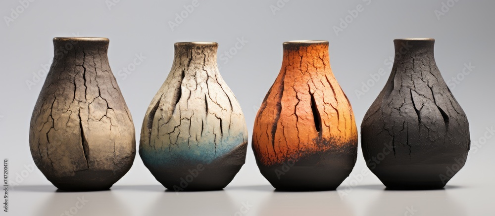 Poster a group of four small vases made from burnt clay are sitting next to each other. each vase is unique