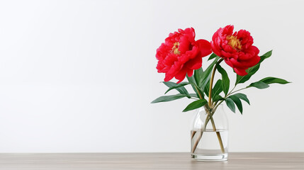 Pivoines rouges, fleurs dans un vase transparent. Arrière-plan blanc. Espace vide de composition. Fleur, nature, plante. Printemps. Fond pour conception et création graphique.