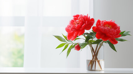 Pivoines rouges, fleurs dans un vase transparent. Arrière-plan blanc. Espace vide de composition. Fleur, nature, plante. Printemps. Fond pour conception et création graphique.