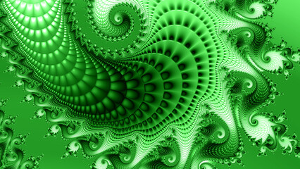 wide format fractalized spiral design in vivid shades of green colours