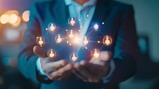 Business or owner man hold circle of network structure HR Human resources. Business leadership concept. Management and recruitment. Social network. Different person, business, leader