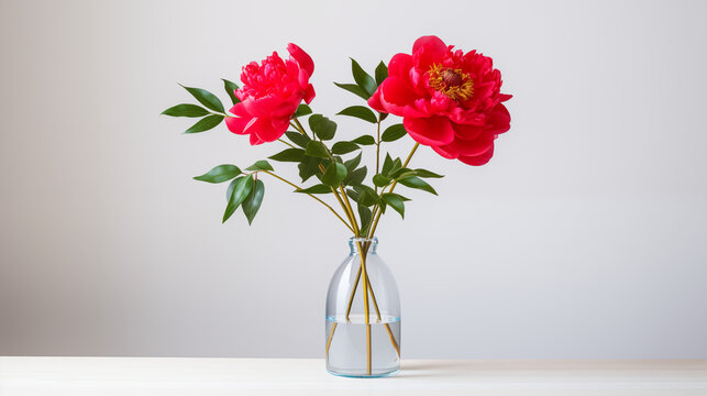 Pivoines rouges, fleurs dans un vase transparent. Arri&egrave;re-plan blanc. Espace vide de composition. Fleur, nature, plante. Printemps. Fond pour conception et cr&eacute;ation graphique.
